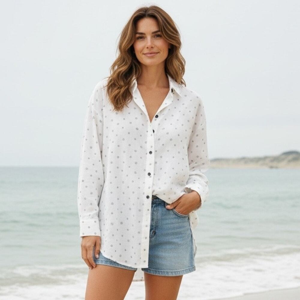 Byer California White Button Down Shirt Women M Polka Dot Oversized USA